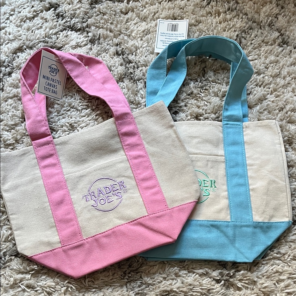 NWT-Trader Joe’s mini canvas totes. Pastel. Pink. Blue. Set of two. New.